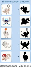 Find the correct owl sportsman shadow. Cartoon vector illustration for activity book. Worksheet for children's entertainment.