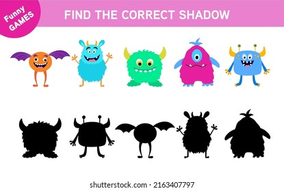 Find correct pair or shadow game with funny colorful monsters. Worksheet for preschool kids, kids activity sheet, printable task. Cute monsters isolated on white