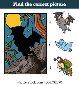 Find the correct picture by shadow, education game for children. Vampire bat and background