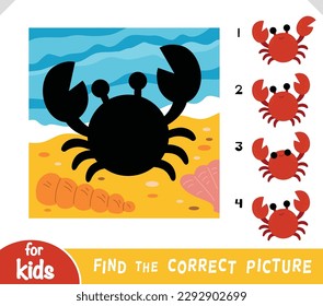 Encuentra la imagen correcta, juego educativo para niños, cangrejo de dibujos animados Cute con fondo de playa