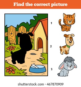 Find the correct picture, education game for children. Little dog and background