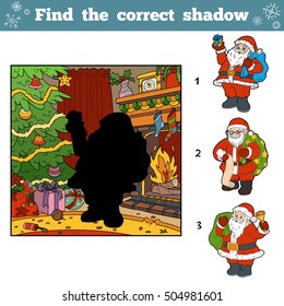 Find the correct pictures by shadow. Santa Claus, Christmas tree and fireplace
