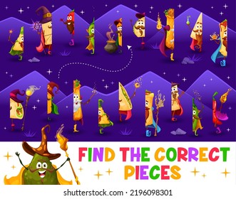 Find The Correct Piece Of Cartoon Tex Mex Mexican Food Wizard Characters. Vector Worksheet With Halves Of Tacos, Enchiladas, Tamales And Burrito, Quesadilla, Churros, Jalapeno, Nachos And Avocado