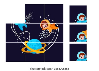 Find the correct piece. Educational game for children. Vector illustrations for children books. Space
