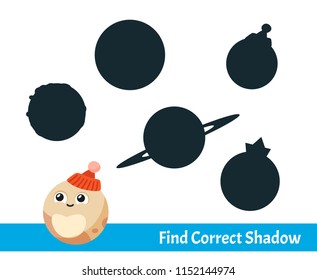 Find Correct Planet Shadow. Matching Game for Children. Cartoon Planets Vector Illustration