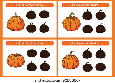 Encuentra el juego educativo de la sombra de la calabaza para los niños. Actividad de correspondencias en la sombra para niños. Rompecabezas preescolar. Hoja de trabajo educativa. Encuentra un juego de silueta correcto con calabazas maduras. Vector Premium