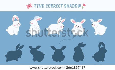 Find correct rabbit shadow. Children educational play, kindergarten rest time game for kids. Cartoon cute bunny and shadows. Development toddler, vector template
