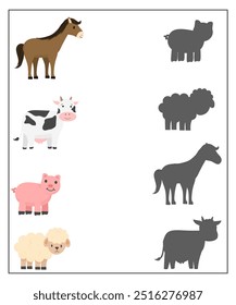 Encontre a atividade de sombra correta para crianças animais fazenda, correspondência de sombra planilha para pré-escola ou jardim de infância em animais tema 