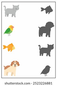 Find the correct shadow activity for kids animals pet, matching shadow worksheet for preschool or kindergarten in theme animals (cat, dog, lovebird and fish)