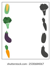 Encuentre la actividad de sombra correcta para los niños, haciendo coincidir la hoja de trabajo de sombra para preescolar o jardín de infantes con verduras temáticas 
