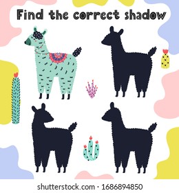 Find the correct shadow activity page with funny llama. Shadow matching game for kids with cute alpaca. Preschool learning. Educational template for children. Vector illustration