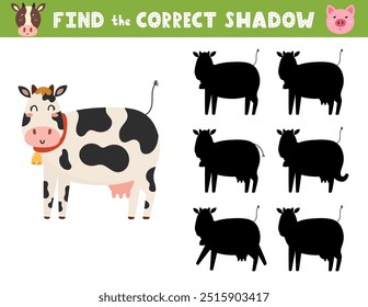 Encuentre la página de actividad de sombra correcta para niños con una vaca linda. Sombra juego a juego con un personaje de granja. Ilustración vectorial