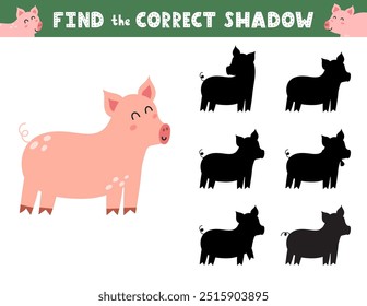 Encontre a página de atividade de sombra correta para crianças com um porco bonito. Jogo de correspondência de sombras com um personagem de fazenda. Ilustração vetorial