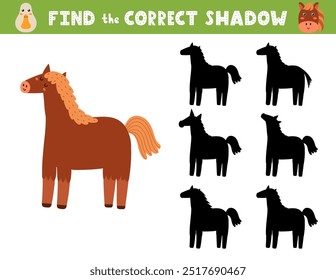 Find the correct shadow activity page for kids with a cute horse. Shadow matching game with a farm character. Vector illustration