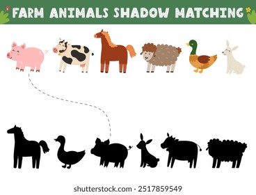 Encontre a página correta de atividade de sombra com animais de fazenda bonitos. Os personagens da fazenda combinam o jogo para as crianças. Pesquise o quebra- cabeça de silhueta. Ilustração vetorial