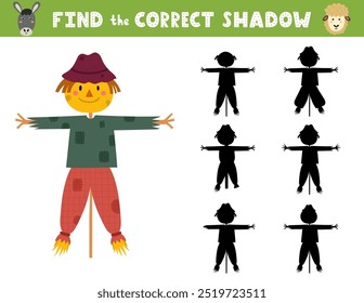 Find the correct shadow activity page for kids with a cute scarecrow. Shadow matching game with a farm character. Vector illustration