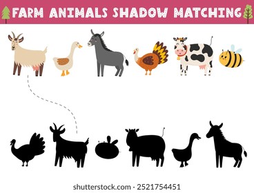 Encontre a página correta de atividade de sombra com animais de fazenda bonitos. Os personagens da fazenda combinam o jogo para as crianças. Pesquise o quebra- cabeça de silhueta. Ilustração vetorial