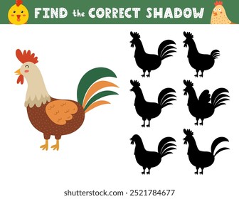 Find the correct shadow activity page for kids with a cute rooster. Shadow matching game with a farm character. Vector illustration