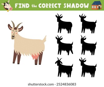 Find the correct shadow activity page for kids with a cute goat. Shadow matching game with a farm character. Vector illustration