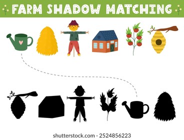 Find the correct shadow activity page with cute farm objects and characters. Farm matching game for kids. Search the silhouette puzzle. Vector illustration