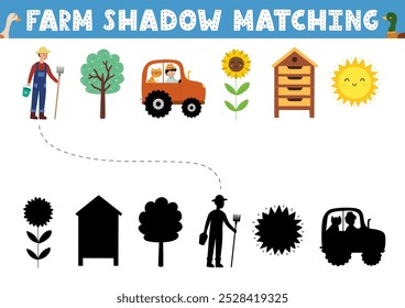 Find the correct shadow activity page with cute farm objects and characters. Farm matching game for kids. Search the silhouette puzzle. Vector illustration