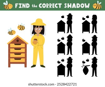 Encuentre la página de actividad de sombra correcta para niños con una linda apicultora y abejas. Sombra juego a juego con un personaje de granja. Ilustración vectorial