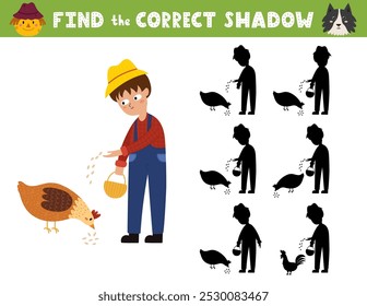 Encontre a página de atividade sombra correta para crianças com um menino bonito agricultor e uma galinha. Jogo de correspondência de sombras com um personagem de fazenda. Ilustração vetorial