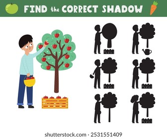 Find the correct shadow activity page for kids with a cute boy picking apples from the tree. Shadow matching game with a farm character. Vector illustration