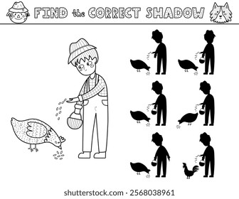 Find the correct shadow activity page in outline for kids with a cute boy farmer and a hen. Black and white shadow matching game with a farm characters. Vector illustration