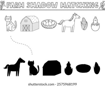 Find the correct shadow activity page with cute farm objects and characters in outline. Farm black and white matching game for kids. Search the silhouette puzzle. Vector illustration