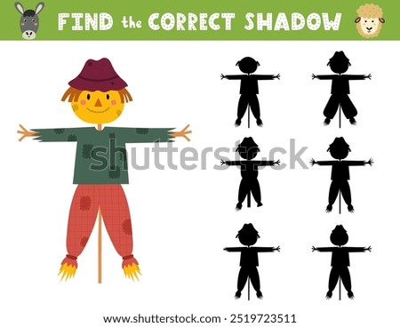 Find the correct shadow activity page for kids with a cute scarecrow. Shadow matching game with a farm character. Vector illustration