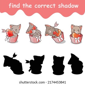 encontrar la sombra correcta del adorable gato con el corazón dentro de la taza de tarta