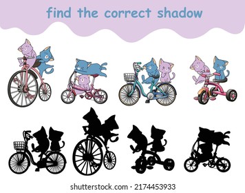 find the correct shadow of adorable cats with bicycle