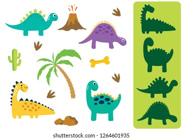 Find the correct shadow: Adorable dinosaurs isolated on white background. Dinosaur footprint, Volcano, Palm tree, Stones, Bone and Cactus.