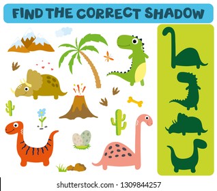 Find the correct shadow: Adorable dinosaurs isolated on white background. Dinosaur footprint, Volcano, Palm tree, Stones, Bone, Grass and Cactus.