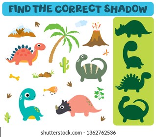 Find the correct shadow: Adorable dinosaurs isolated on white background. Dinosaur footprint, Volcano, Palm tree, Stones, Bone, Grass and Cactus.
