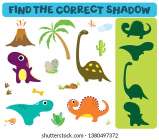 Find the correct shadow: Adorable dinosaurs isolated on white background. Dinosaur footprint, Volcano, Palm tree, Stones, Bone, Grass and Cactus.