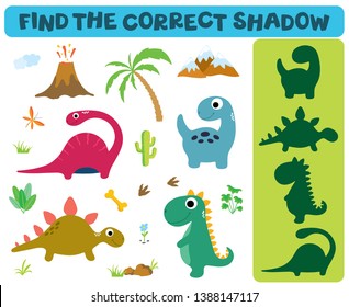 Find the correct shadow: Adorable dinosaurs isolated on white background. Dinosaur footprint, Volcano, Palm tree, Stones, Bone, Grass and Cactus.