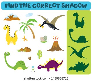 Find the correct shadow: Adorable dinosaurs isolated on white background. Dinosaur footprint, Volcano, Palm tree, Stones, Bone, Grass and Cactus.