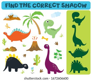 Find the correct shadow: Adorable dinosaurs isolated on white background. Dinosaur footprint, Volcano, Palm tree, Stones, Bone, Grass and Cactus.