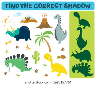 Find the correct shadow: Adorable dinosaurs isolated on white background. Dinosaur footprint, Volcano, Palm tree, Stones, Bone, Grass and Cactus.