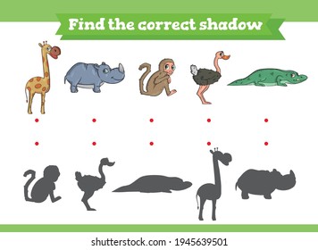 Find the correct shadow. African animals: crocodile, hippo, monkey, ostrich, crocodile Educational game for children. Cartoon vector illustration.