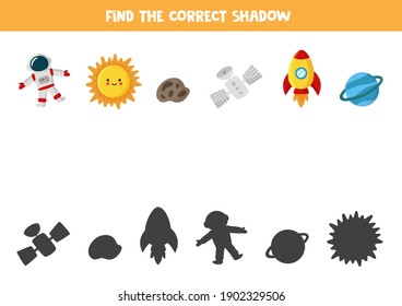 Find the correct shadow of all space elements. Educational logical game for kids.