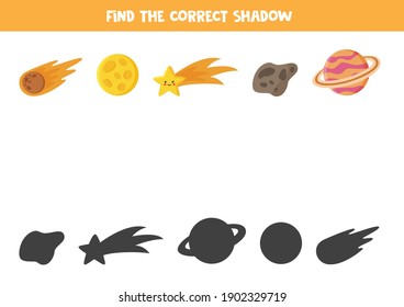Find the correct shadow of all space elements. Educational logical game for kids.