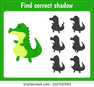 Find The Correct Shadow Alligator. Educational Matching Game For Kids. Logic Games For Kids. Learnig Card For Kindergarten Or School.