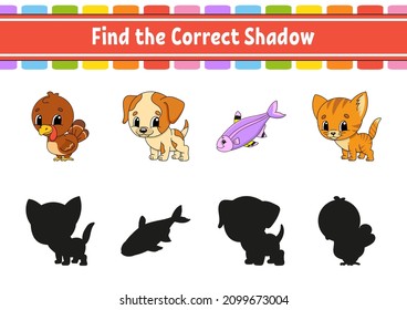Finden Sie den richtigen Schatten. Tierthema. Arbeitsblatt für die Erziehung. Das passende Spiel für Kinder. Seite mit Farbaktivität. Puzzle für Kinder. Rutsche Zeichen. Vektorgrafik. Cartoon-Stil.