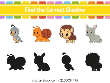 Find the correct shadow. Animal theme. Education developing worksheet. Matching game for kids. Color activity page. Puzzle for children. Cute character. Vector illustration. cartoon style.