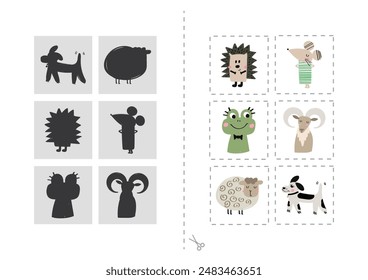 Find the correct shadow animals, educational game for kids. set of cute animals mascot. games suitable for kindergarten children, preschool, etc. cartoon vector illustration