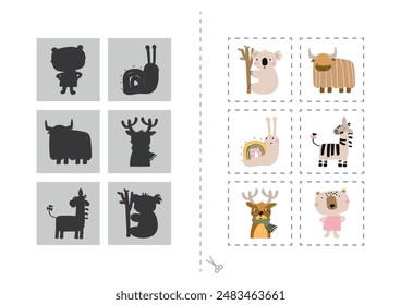 Find the correct shadow animals, educational game for kids. set of cute animals mascot. games suitable for kindergarten children, preschool, etc. cartoon vector illustration
