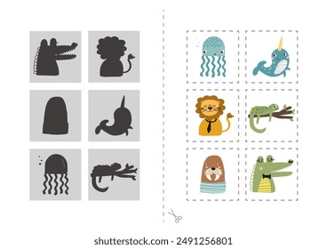 Find the correct shadow animals, educational game for kids. set of cute animals mascot. games suitable for kindergarten children, preschool, etc. cartoon vector illustration